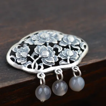 

S990 pure silver inlaid with grey agate peony pendant for woman retro style engraved simple fashion woman pendant