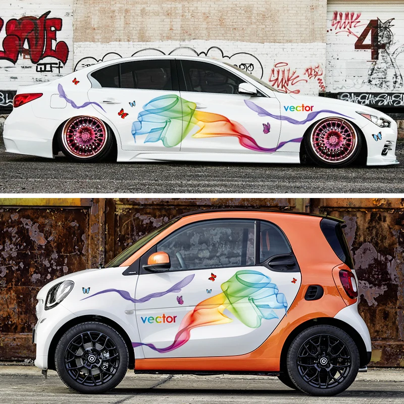

Car sticker magic rainbow ribbon line body pull flower smart two door small car stickers modified