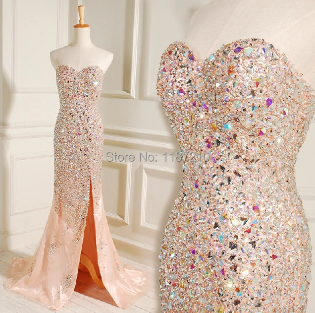 Crystal Luxury Evening Dresses With Split Beaded Sweetheart Mermaid Backless Prom Party Celebrity Dress Gowns 2015 Best Selling | Свадьбы и
