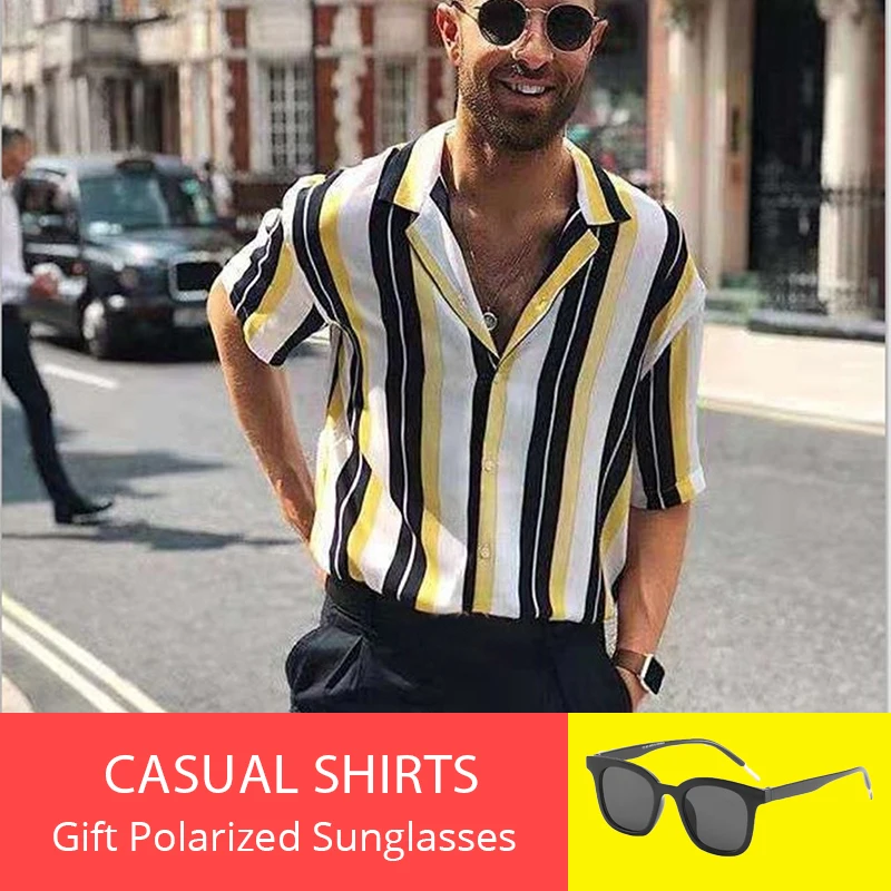 الصيف الرجال الشاطئ قميص الذكور عارضة قصيرة الأكمام مخطط الطباعة كبيرة الحجم S-3XL عارضة camisa الغمد بلوزة