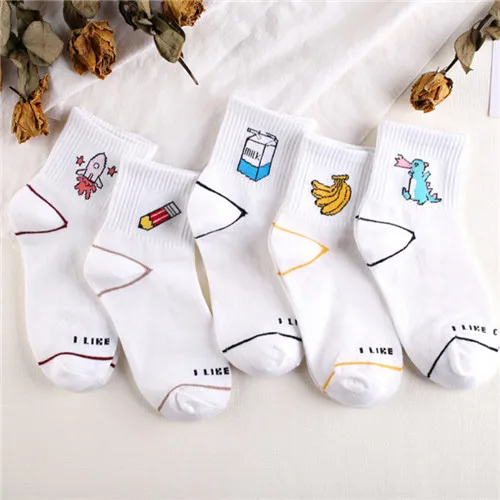 CHAOZHU комплекты модных носков в Корейском стиле для девочек 5 пар/лот, милые повседневные хлопковые носки с рисунком из мультфильма «больше чем допа» полосатые носки с изображением фруктов и животных - Цвет: 3