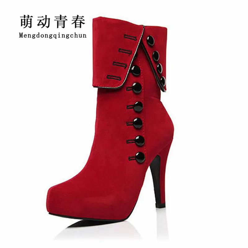 Prix Femmes Cheville Bottes Talons hauts 2016 De Mode Rouge Chaussures Femme Plate Forme Troupeau Boucle Bottes D hiver Dames Chaussures Femme Botas Femininas