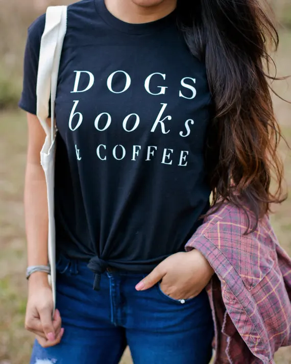Dogs books & coffee Women's T-shirt shirt Funny letter printed Summer wear top Tee tshirt soft clothing mom's 