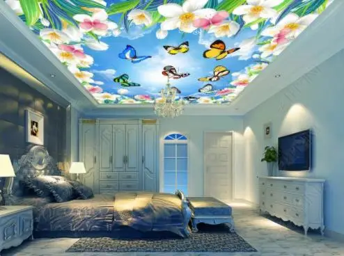 

1842 Butterflies flying in the flowers Printing stretch ceiling film for workshop ceiling decoration