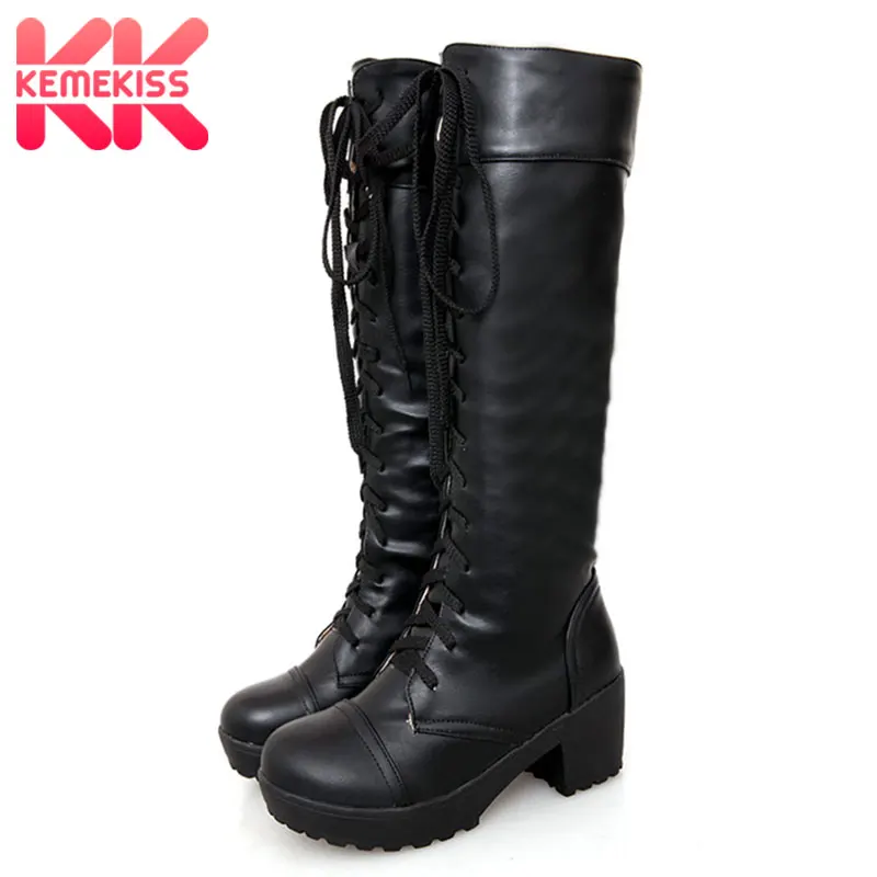 

KemeKiss Plus Size 43 Lace Up Knee High Boots Women Winter Plush Leather Fashion White Square Heel Woman Shoes Snow Knight Boots