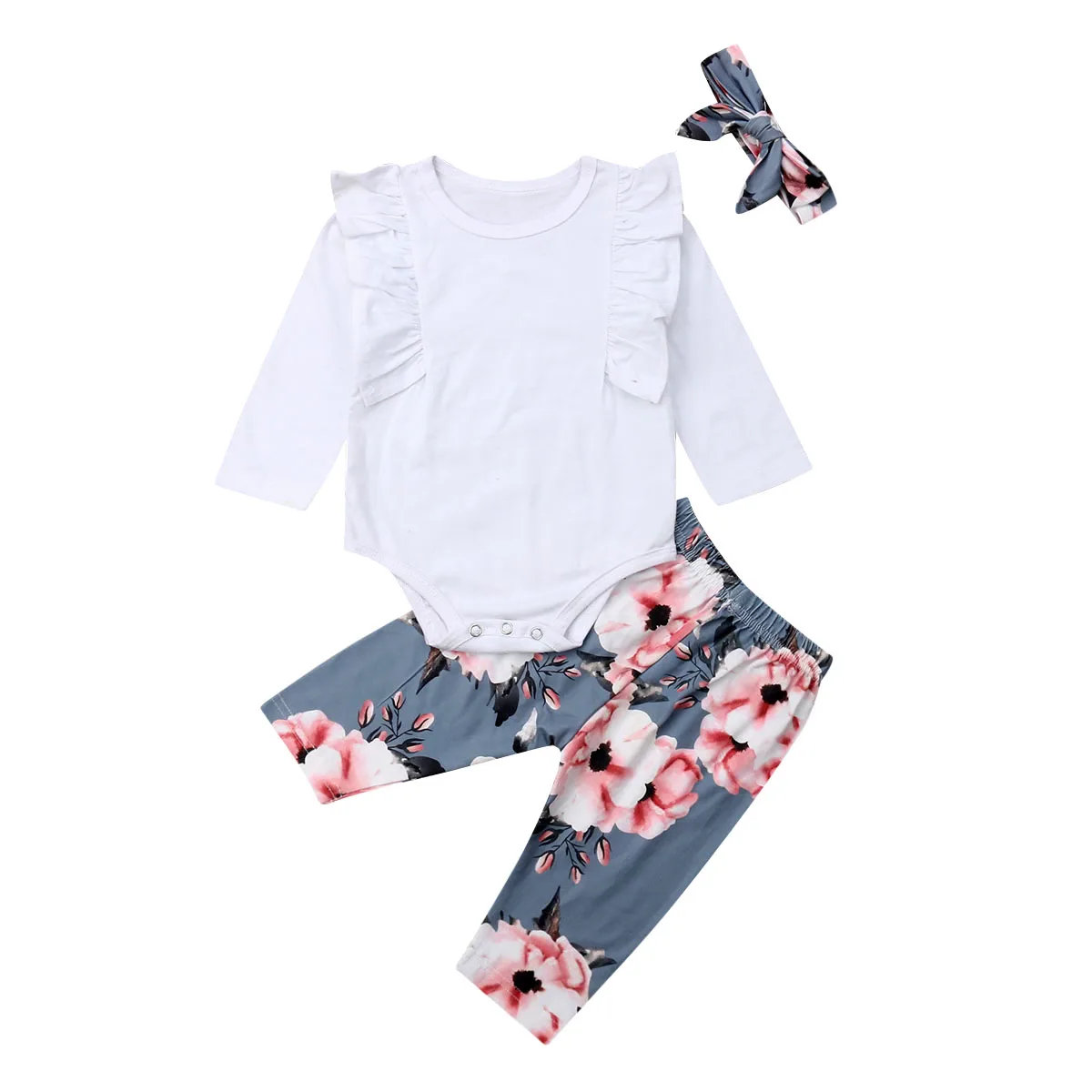 

2019 New 3PCS Infant Toddler Baby Girl Clothes Ruffle Romper Tops + Floral Halen Pants + Headband Outfit Set 0-4T