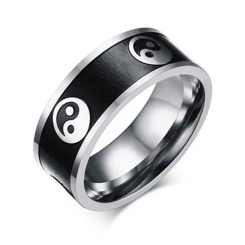 8mm Stainless Steel Yin Yang Black and White Ring Buddhist Tao Balance