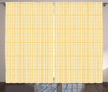 

Vintage Yellow Curtains Gingham Pattern with Bicolor Checkered Squares with Heart Motifs Living Room Bedroom Window Decor