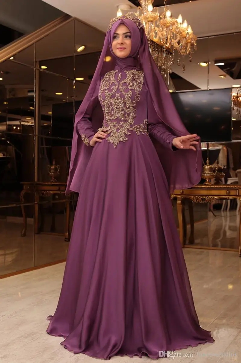 Purple Muslim Evening Dresses 2019 A line Long Sleeves Chiffon Lace Islamic Dubai Saudi Arabic