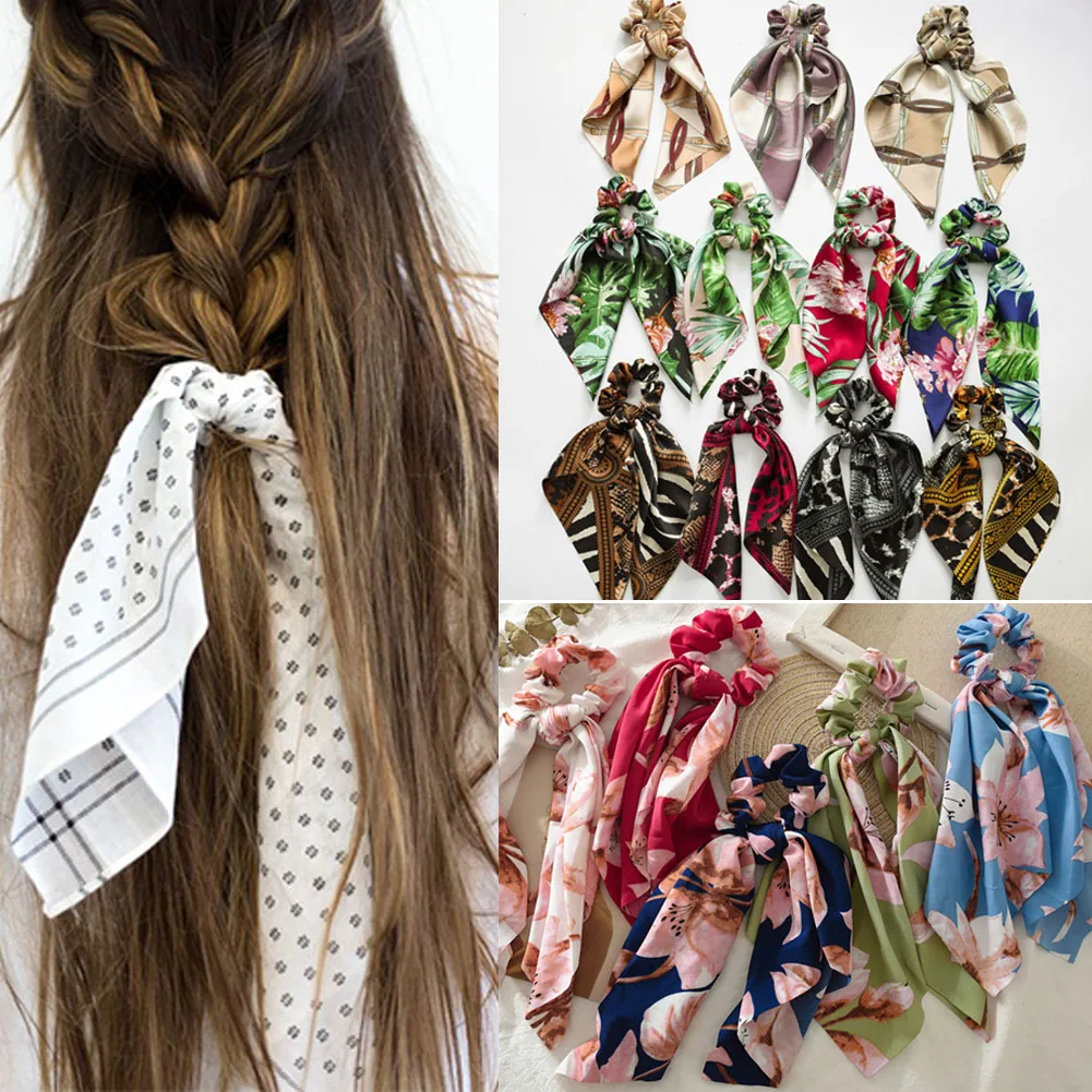 

Elegant Big Flower Leopard Printed Scrunchies Ribbon Elastic Hair Bands Women Girls Bow Knotted Scarf Hair Rope Hair Accessories