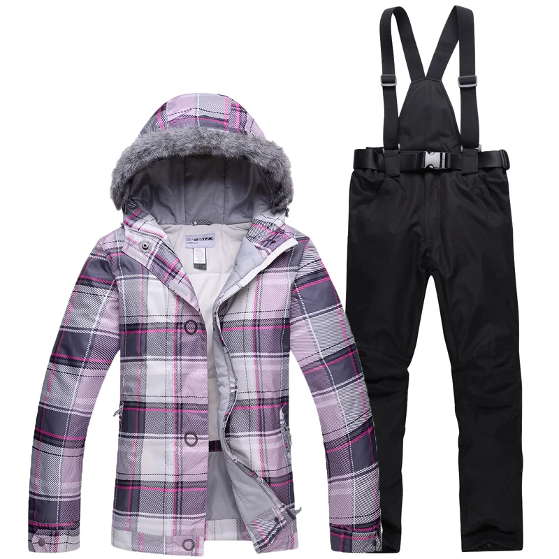 Дешевая зимняя одежда, женский лыжный костюм, комплект, уличные лыжные костюмы для сноубординга, термошапка, куртка+ нагрудники, штаны, женская одежда