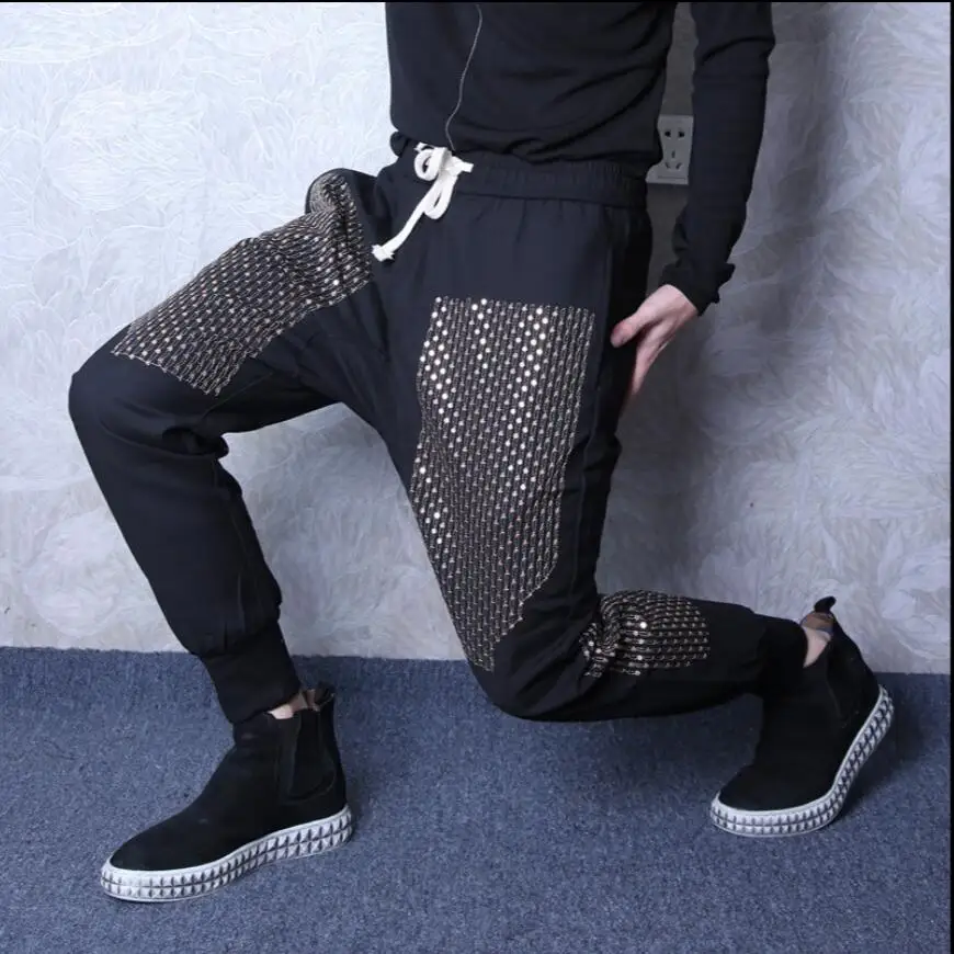 

S-3xl 2021 New Autumn Men's Feet Harem Pants Trousers Loose Personality Sequined Embroidery Big Crotch Pants Singer Costumes