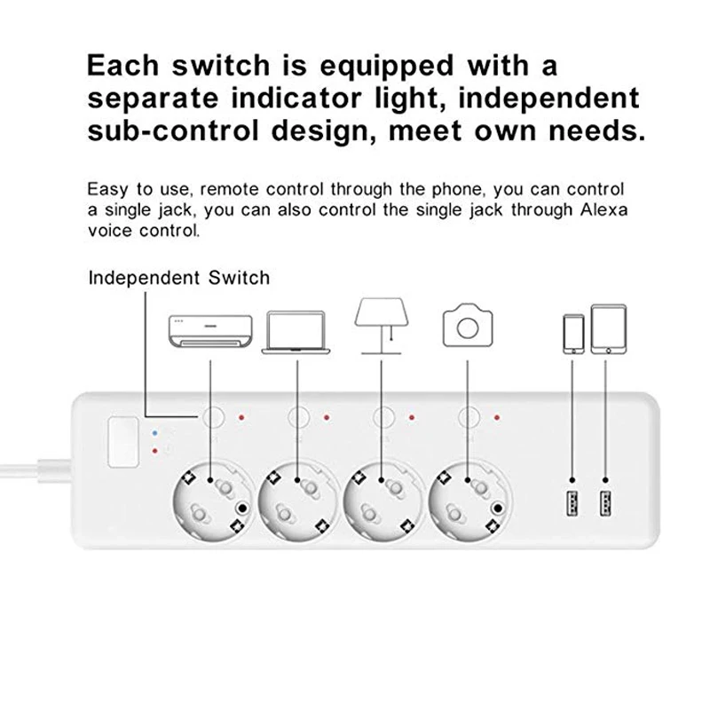 Smart WiFi Power Strip EU Plug 2USB 1.8m Extension Power Socket Network Filter Timer Surge Protector Support Alexa Google IFTTT