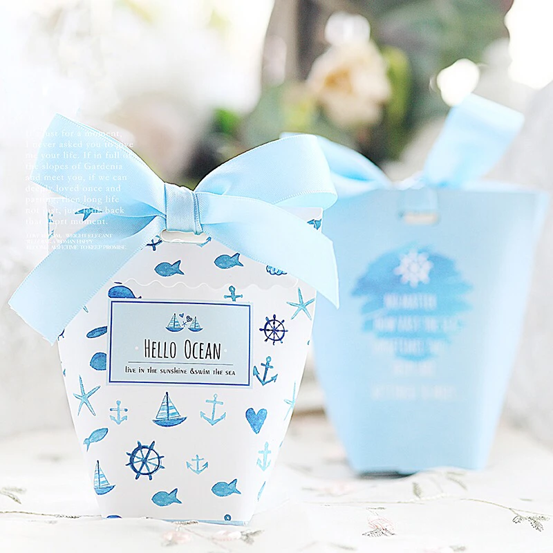 

50pcs New Creative Blue Ocean theme Wedding Favors Candy Box bomboniere Party thanks Gift Box paper bag package