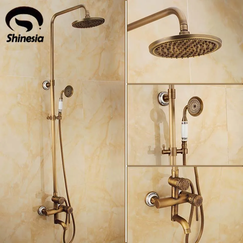 

New Bathroom Shower Set Faucet Antique Brass Solid Brass Mixer Tap One Handle 8 Inch Shower Head Ceramic Hand Shower Wall Mount