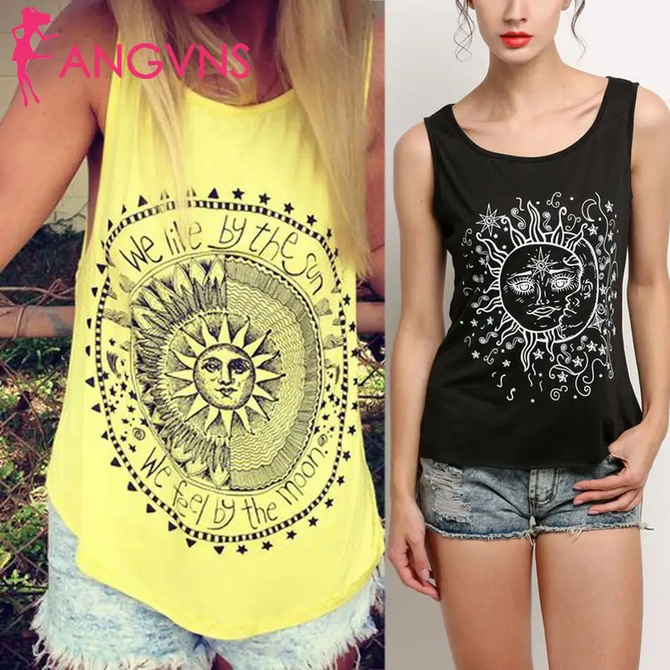 

ANGVNS Sleeveless Tank Top Vest 2019 Fashion Sun Print Women Beach Casual O Neck Camis T-Shirt Ladies Summer Spring Tops Tank