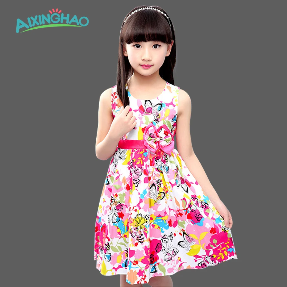 

Aixinghao Baby Girls Dress Sleeveless Cotton Flower Printed Summer Girls Princess Birthday Party Dresses For Wedding 2017