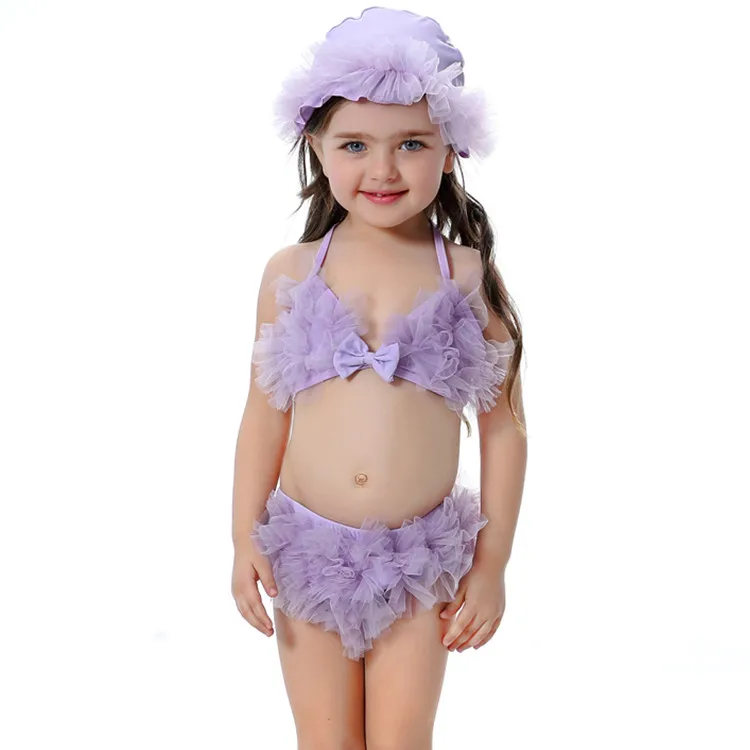 Детский купальный костюм из трех предметов для девочек, Летний набор детских бикини с кружевным краем, пляжная одежда для девочек