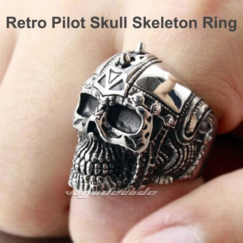 

Punk Retro Fashion Skeleton Ring Solid 316L Stainless Steel Cool Men's Biker Pilot Skull Ring 4E036