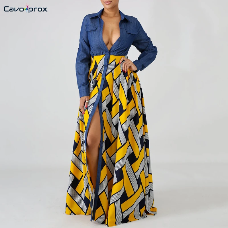 

Women Long Sleeve High Slit Demin Splicing Stripes Geometric Bohemian Print Button Up Maxi Dress Party Beach Classic Vestidos