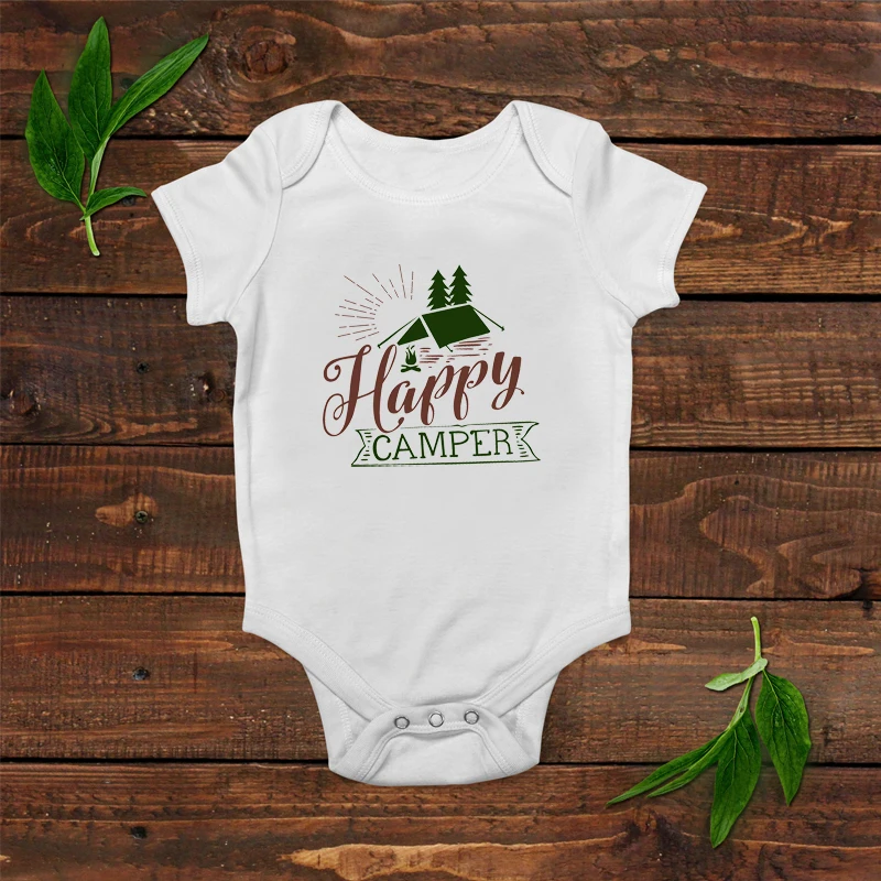 

DERMSPE nfant Newborn Baby Boy Girl Short Sleeve Letter Print Happy Camper Cotton Romper Jumpsuit Outfits Summer Clothes White