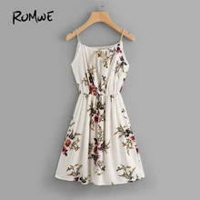 ROMWE Chiffon Summer Beach Dress Floral Print Random Self Tie Cami Spaghetti Strap Knee Length A Line