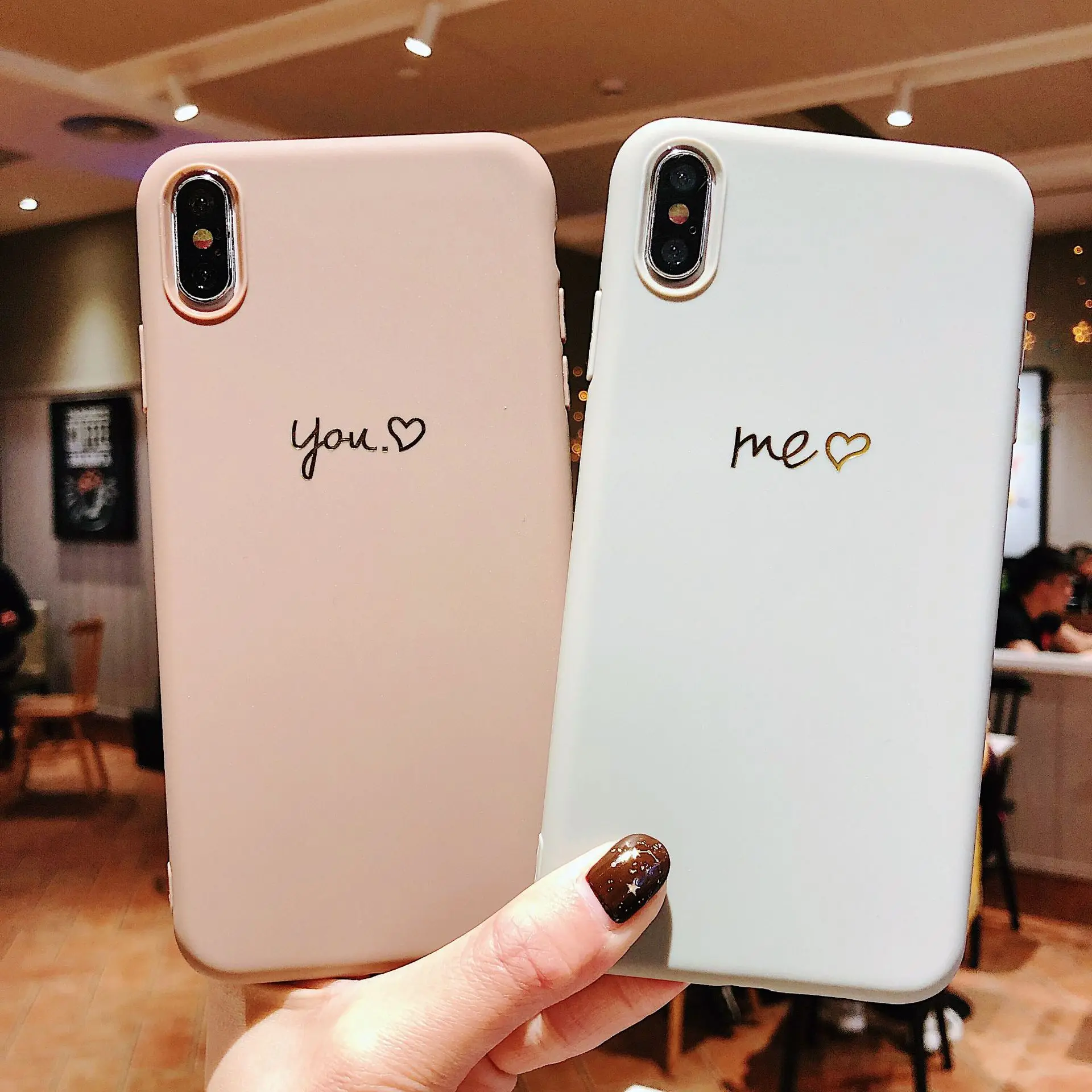 

Brown Grey Love Heart Silicone Couples Phone Case For iPhone 6 6s 6Plus 7 7Plus 8 8Plus X XS Max Xr Soft Coque TPU Back Cover