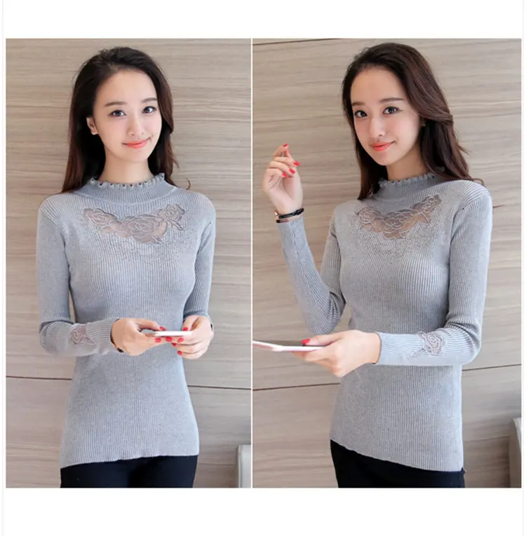 Women Sweater High Elastic Turtleneck Jersey Ladies 2019 Autumn Winter Sweater Women Slim Lace Bottoming Knitted Pullovers (5)