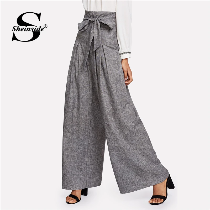 Ceny Sheinside czarny z wszytym paskiem Box plisowane Palazzo długie spodnie kobiece luźne eleganckie spodnie robocze OL kobiet wysokiej talii spodnie szerokie nogawki
