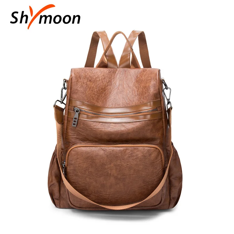 

SHYMOON Women Anti theft Backpacks Fashion Waterproof Travel Backpack Leather School Bags For Girl Feminine brown Mochila 1802