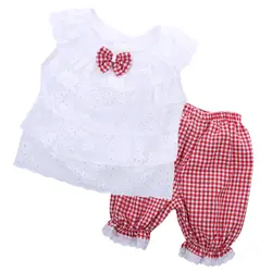 Для маленьких девочек летние Костюмы одежда девочек младенцев без рукавов Кружевная футболка + клетчатые Короткие штаны брюки комплекты