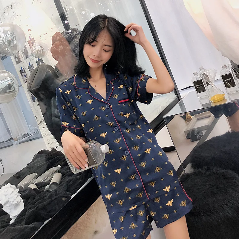 

Summer Short-sleeved Shorts Thin Pajamas Home Clothes Rayon Printing Pijama Bee Satin Sleepwear Lovely Student Leisure Suit
