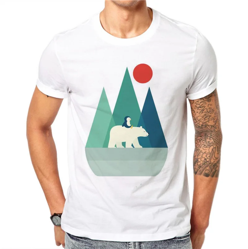 

100% Cotton Summer Ink Penguin Design Men T Shirts Fashion Polar Bear Design Man Short Sleeve Tops Tees Clothes XXXL