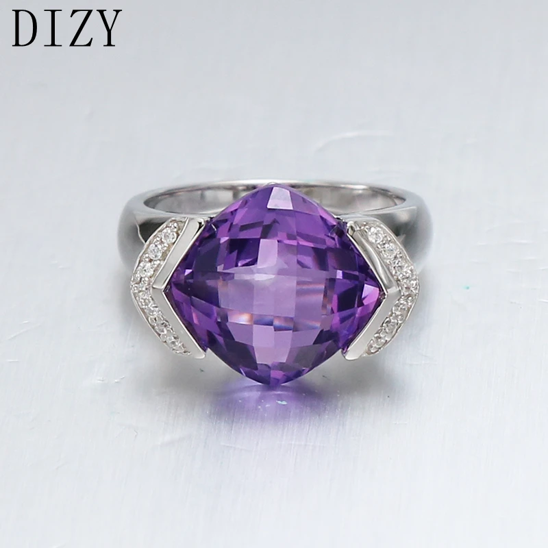 

DIZY Cushion 7.5CT Natural Checkboard Cut Amethyst Ring 925 Sterling Silver Ring for Women Gift Wedding Ring Engagement Jewelry