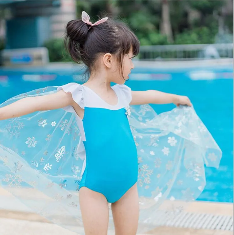 Baby Girls Swimsuit Elsa Costume Lace Toddler Kids Baby Swimwear Bikini+Hat+Cloak+Brooch 4pcs/set Infant Baby Bathing Suits