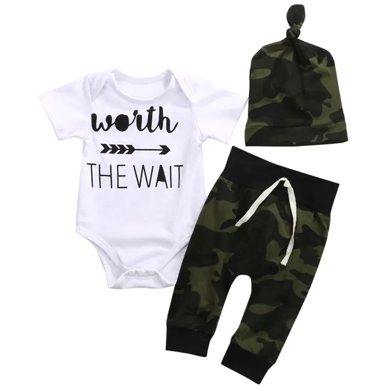 3PCS Baby Boy Clothes Set Cotton Short Sleeve Letter Romper Camouflage Hat Long Pant Outfits Baby Boy Infant Toddler Casual Set 