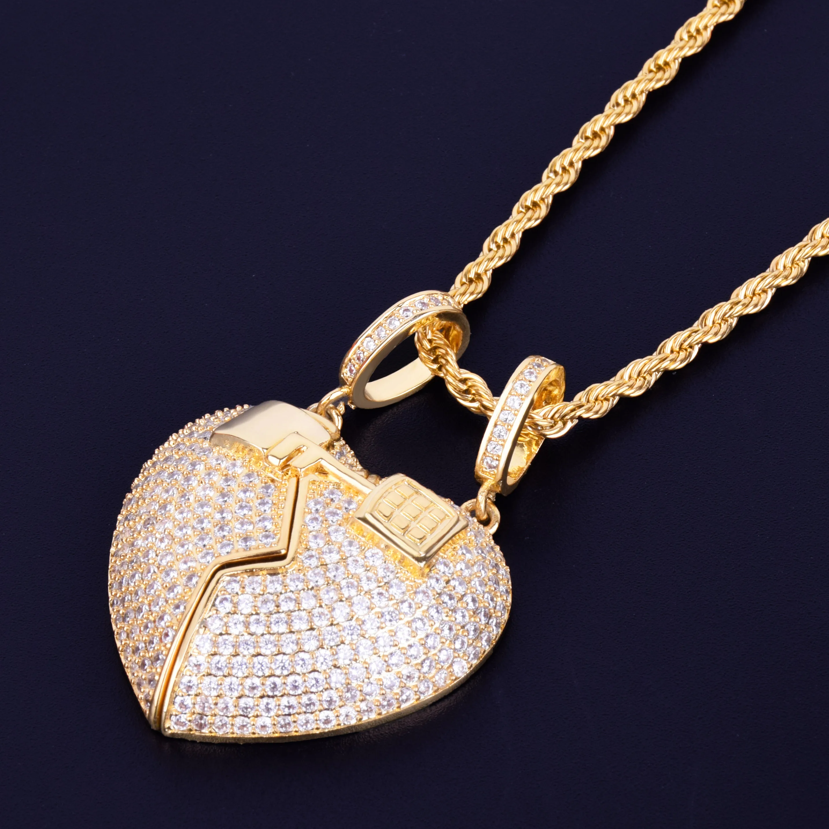 Пара ключей сердце кулон ожерелье теннисная цепь золото серебро AAA кубический цирконий мужские Хип Хоп рок ювелирные изделия 5x3,5 см