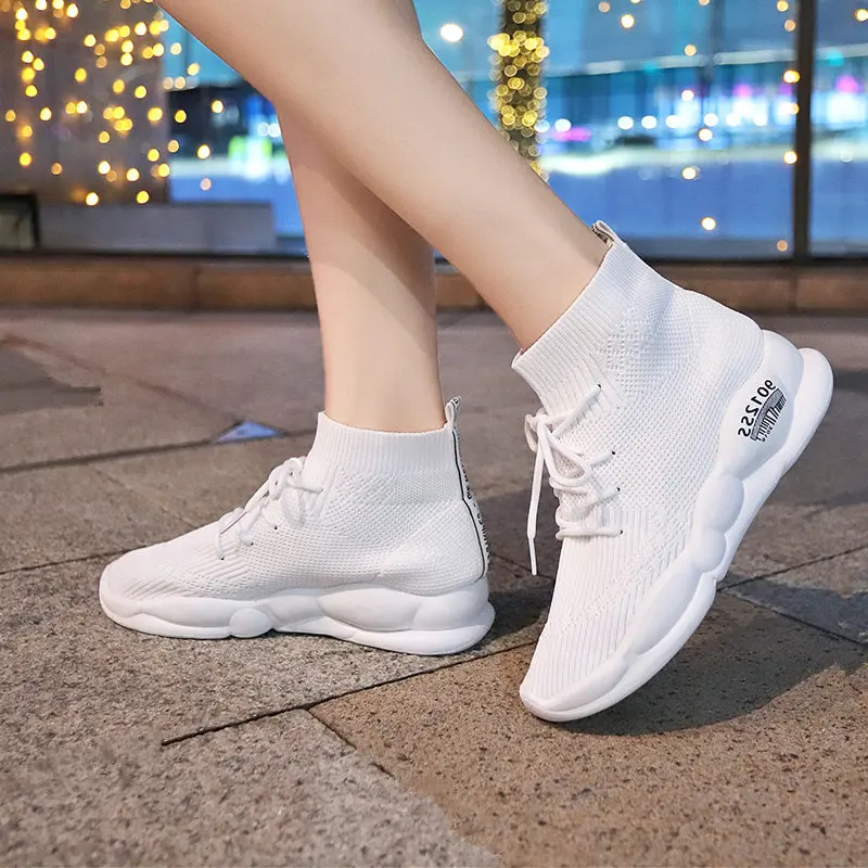 

Women White Sneakers Female Knitted Vulcanized Shoes Casual Slip on Flats Ladies Sock Shoes Trainers Summer Tenis Feminino 2019