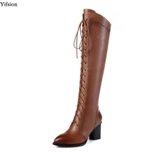 Olomm/Женские зимние кожаные сапоги до колена обувь на высоком квадратном каблуке офисные туфли с острым носком черного и коричневого цвета женские большие размеры США 4-10