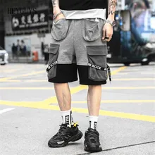 Мужские шорты в стиле хип-хоп, хлопковые спортивные брюки с лентами, с несколькими карманами, с эластичной резинкой на талии, короткие брюки, уличная одежда, мужские летние шорты