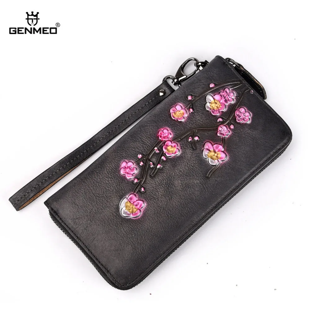 

GENMEO New Genuine Leather 3D Wintersweet Pattern Wallet Women Cowhide Clutch Bag Black Female Coin Purse Bolsa Feminina