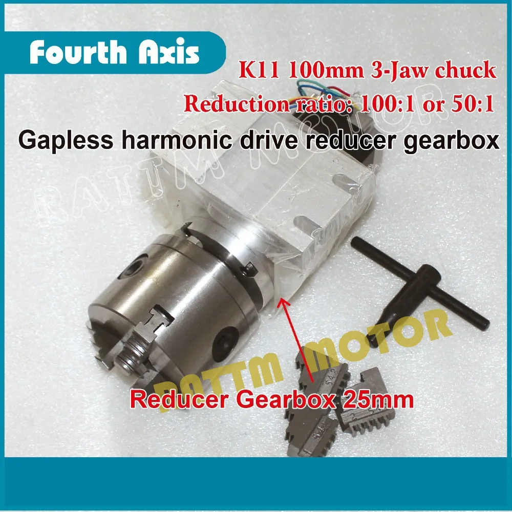 

100:1 CNC 4th axis(A aixs, rotary axis) Gapless harmonic reducer Gearbox 3 jaw K11 100mm dividing head for cnc router machine