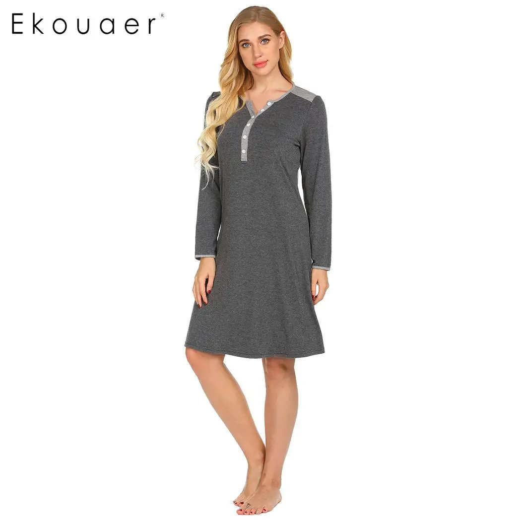 Ekouaer, женская ночная рубашка, сорочка, ночная рубашка, повседневная, с длинным рукавом, из кусков, для кормления, для беременных, ночная рубашка, весна, осень, пижама