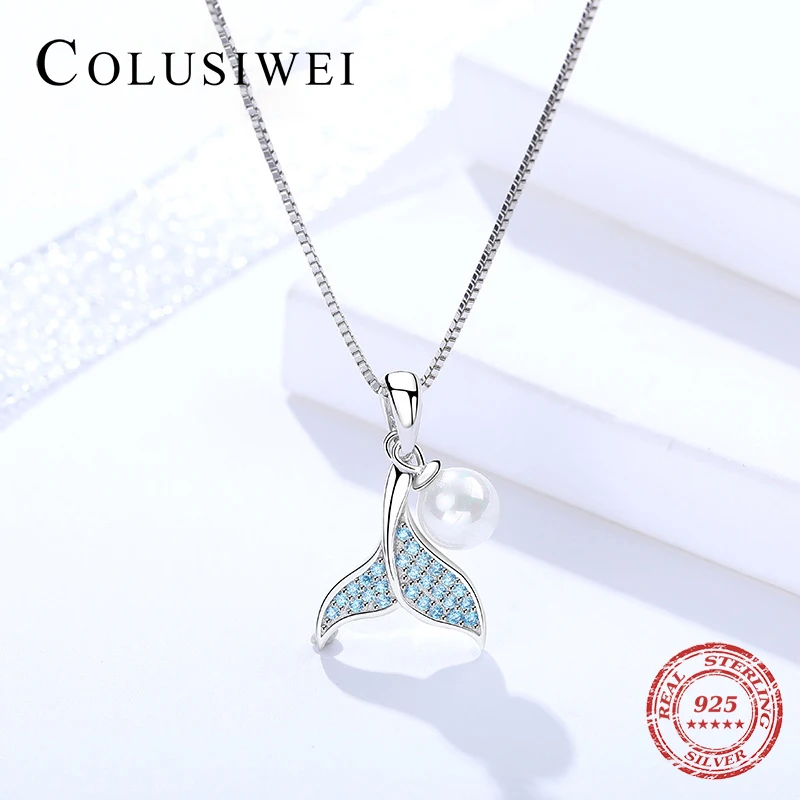 

2019 Fashion Summer Mermaid Pendants Necklace 925 Sterling Silver Lucky Fishtail Necklace Fashion Pearl Korean Jewelry For Women