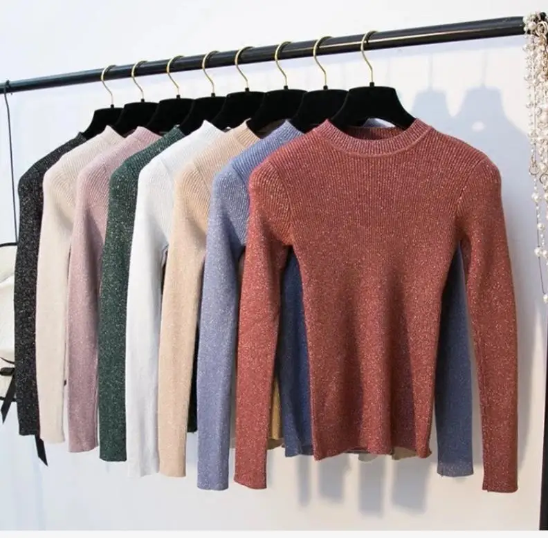 Sweaters 2019 New Korean Style Knit Tops Femme Women Long Sleeve Shiny Lurex Pullover Spring Autumn Sweater Women Basic Sweaters