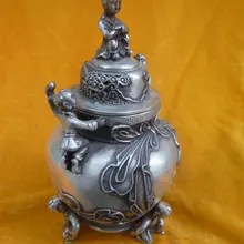Редкий старый QingDynasty Серебряный ладан \ курильщик, резьба прекрасные мальчики, украшение