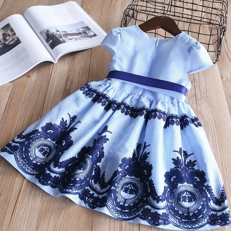 2019 Summer Blue Stripe Embroidery Dress For Baby Girls Children Cotton Causal Dress Kids Clothes 2-6Y LT011 2