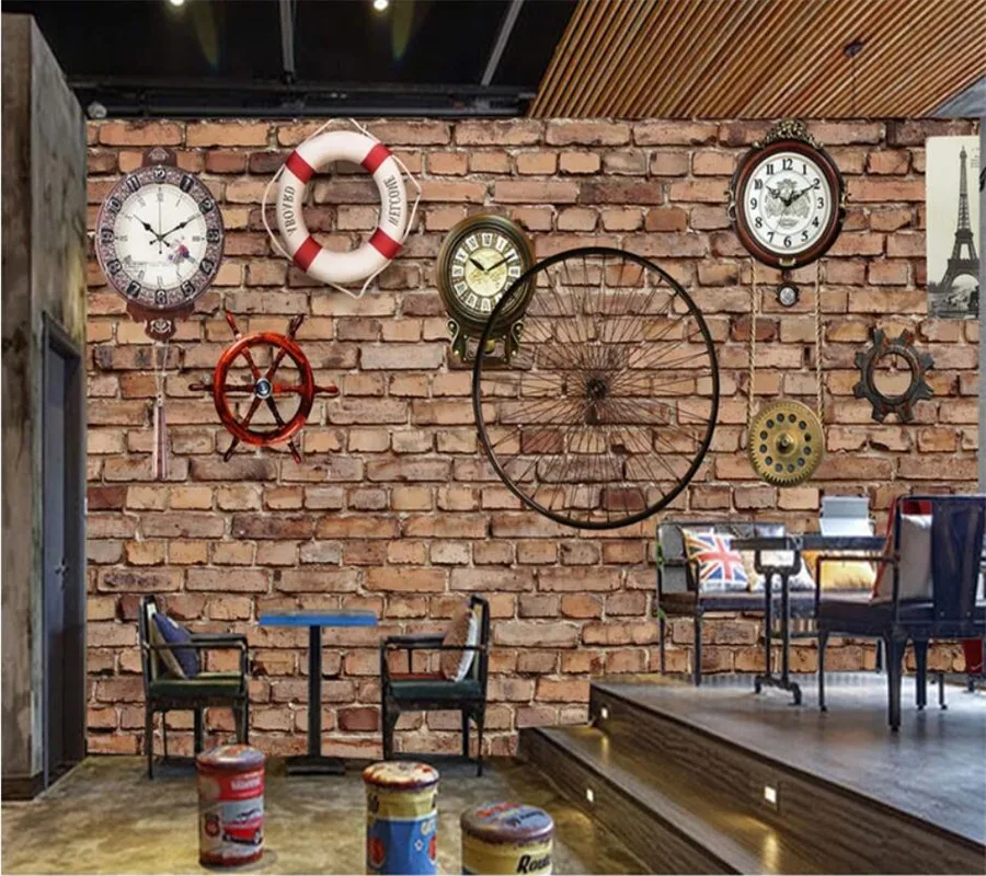 

Custom wallpaper 3d photo mural brick wall retro mechanical clocks cafe bar tooling wall living room bedroom murals 3d wallpaper