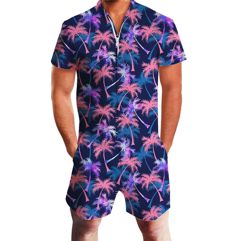 Летние мужские комбинезоны с 3D принтом пальмы, комбинезон с коротким рукавом, модный пляжный комбинезон, Облегающий комбинезон, рубашки, шорты - Цвет: Summer Sets