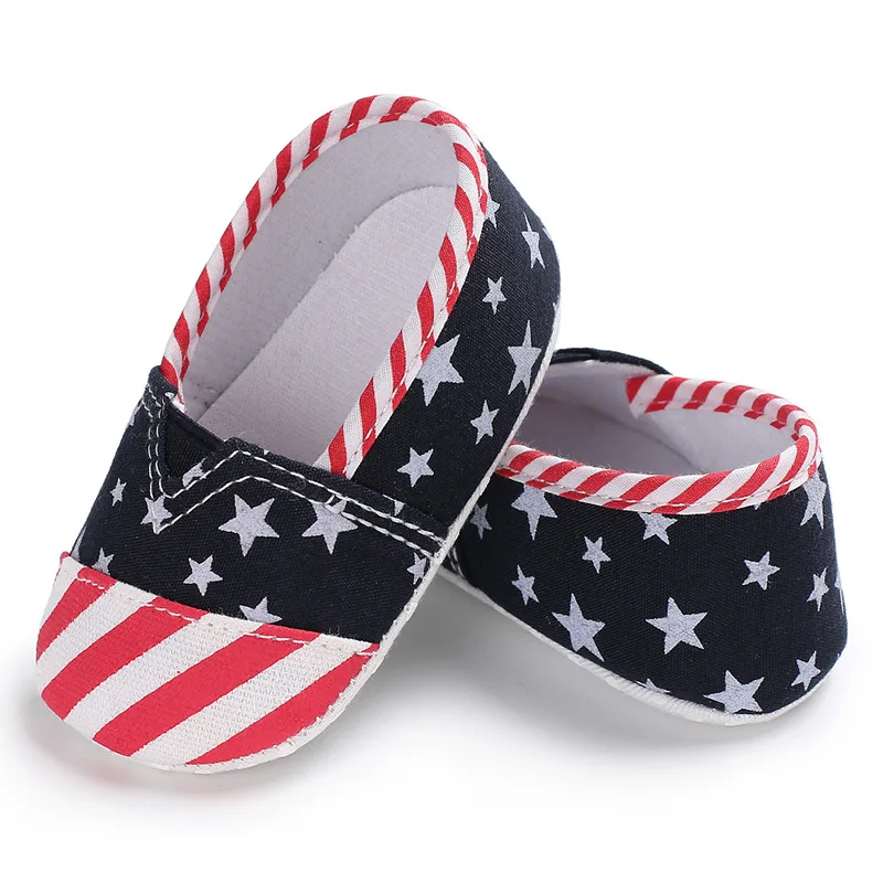 Summer Autumn Infant Baby America Flag Pattern Toddler White Star Print Crib Shoes Kids Anti-Slip Soft Sole First Walkers |